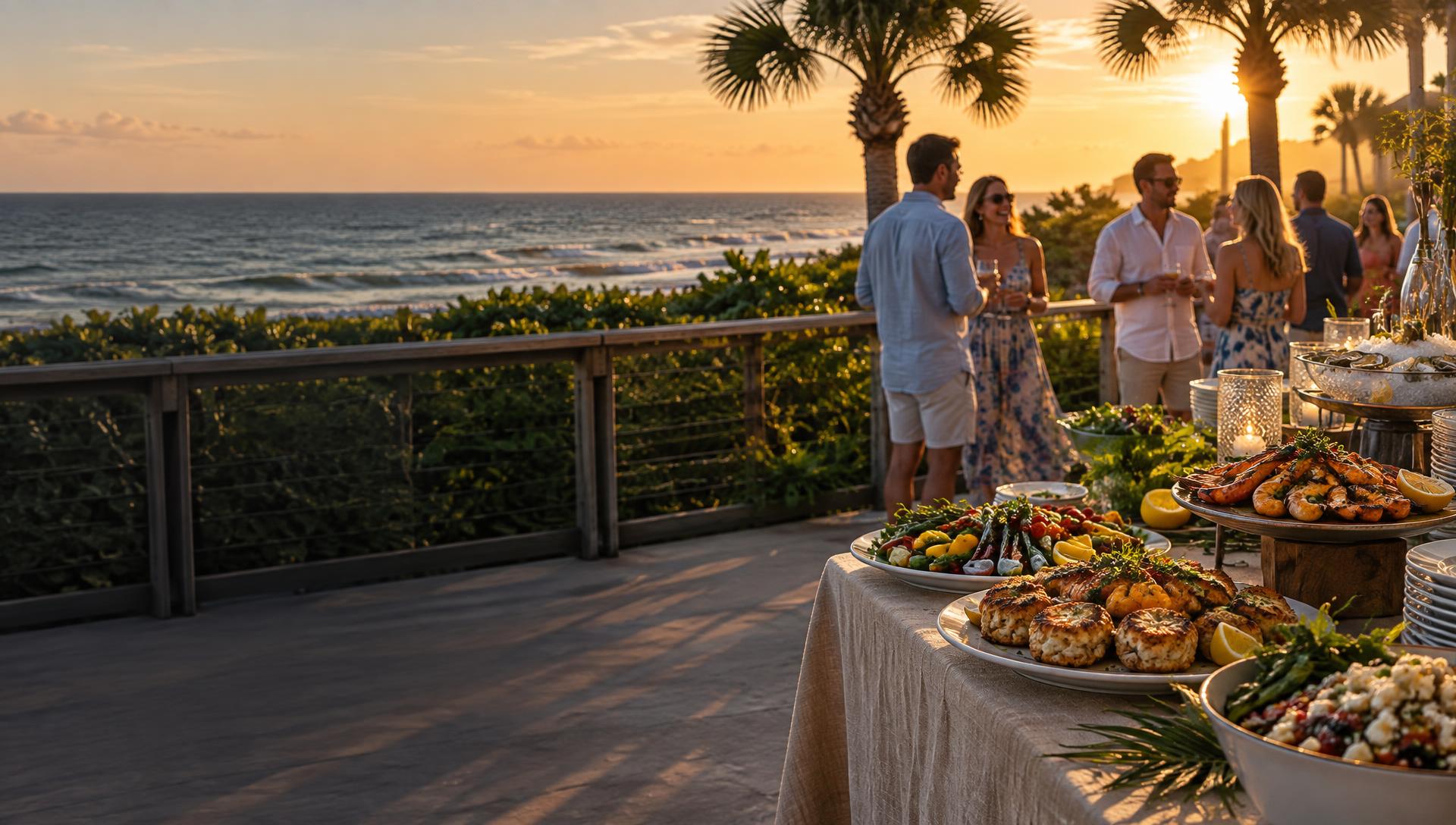 Coastal catering spread and guests overlooking the ocean at golden hour in Flagler Beach